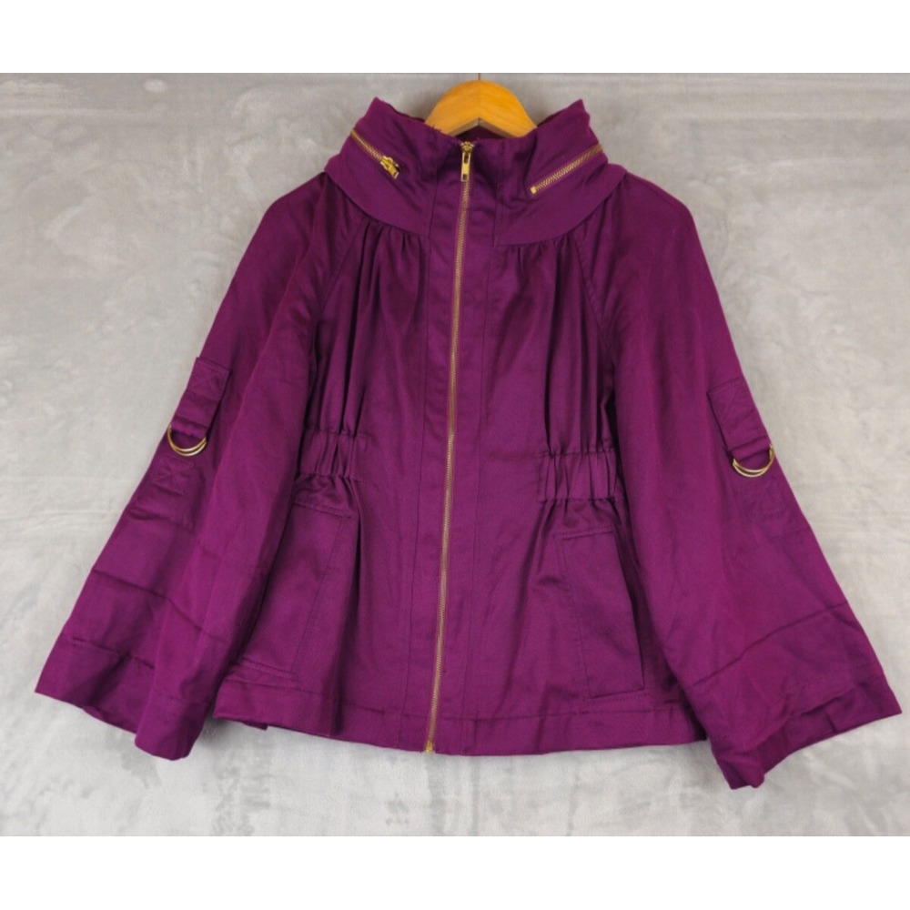 French Connection Size 2 Purple Linen Blend Retractable Hood Zip Ruched Jacket